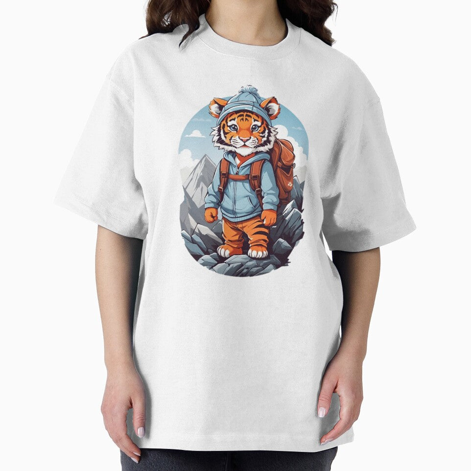 Young smiling tiger cub adventurer hiking in the mountains cartoon comic art for kids by CedricNorbinho