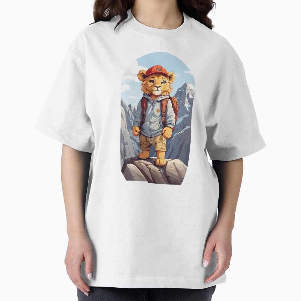 Young lion cub hiking in the mountains enjoying the view cartoon comic graphic for kids by CedricNorbinho