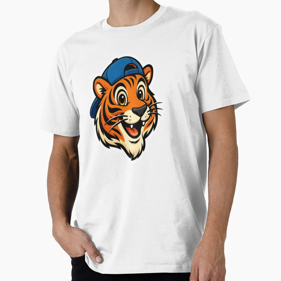 Cool Tiger Mascot - Happy Cartoon Tiger Wearing Blue Hat by JaksaDesignHub