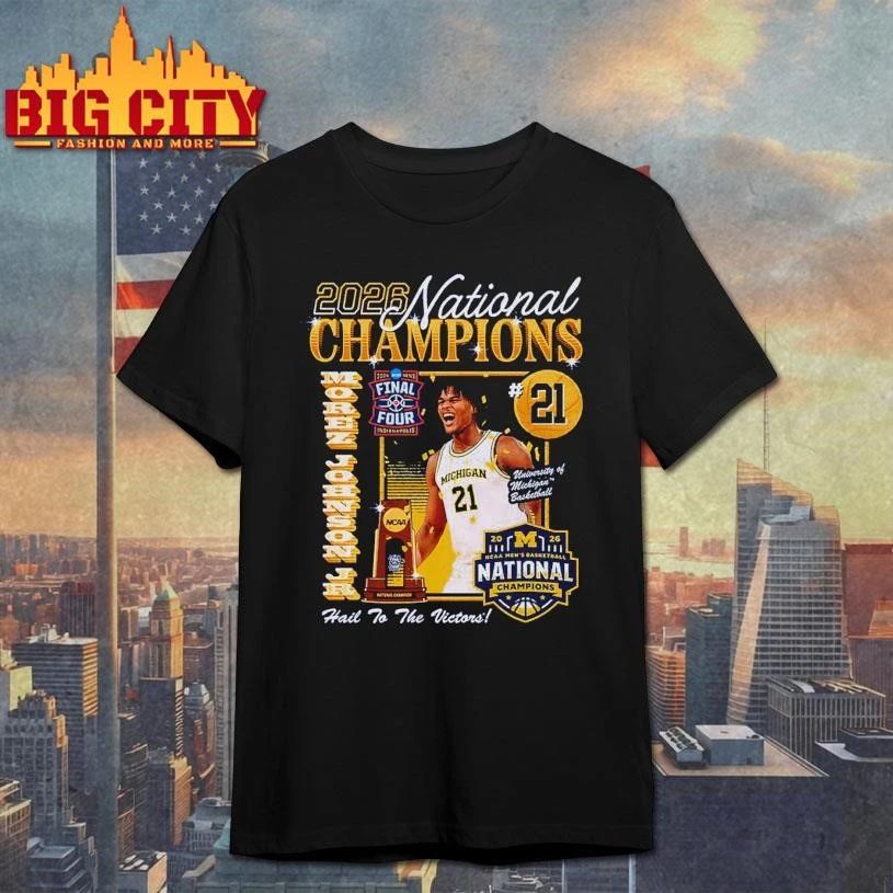 Michigan Wolverines Men’s Basketball Campus Ink 2026 National Champion #21 Morez Johnson Jr. Shirt