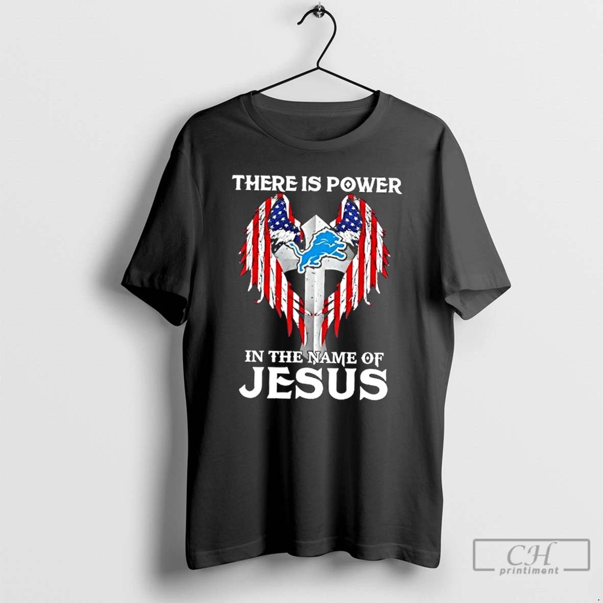 Classic Detroit Lions There Is Power In The Name Of Jesus Cross Wings T Shirts